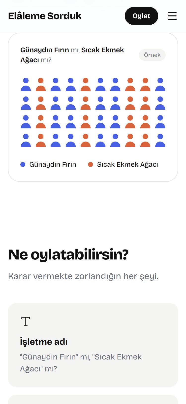 Örnek oylama: Günaydın Fırın ve Sıcak Ekmek Ağacı seçeneklerine oy veren profiller iki renkle gösteriliyor